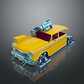 Yellow Modified Taxi Model With Roof Mechanical Parts Checker Pattern Large Wheels And Reflective Base