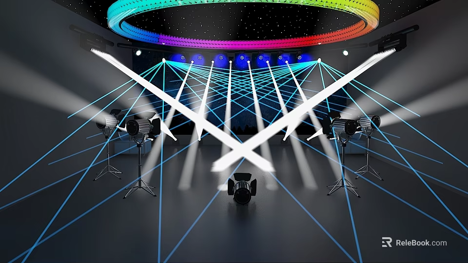 Colorful Stage With Rainbow Circular Light Blue Lights White Laser Beams And Black Floor Lines 3d model 