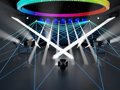 Colorful Stage With Rainbow Circular Light Blue Lights White Laser Beams And Black Floor Lines 3d model