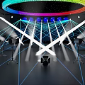 Colorful Stage With Rainbow Circular Light Blue Lights White Laser Beams And Black Floor Lines