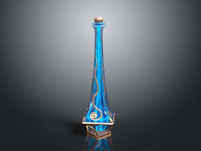Tall Blue Glass Vase With Intricate Golden Swirl Patterns And Geometric Base 3d model