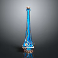 Tall Blue Glass Vase With Intricate Golden Swirl Patterns And Geometric Base