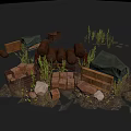 Rustic Outdoor Setup With Wooden Crates Burlap Sacks Stones And Grass 3d model