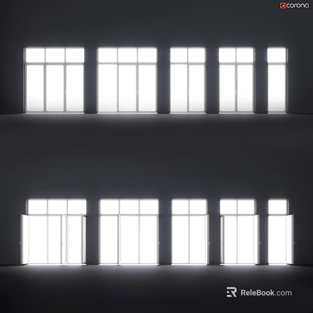 White Windows with Multiple Panes Arranged in Rows on Dark Background Design 3d model 