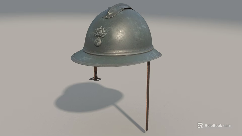 Vintage Military Helmet With Metal Construction And Emblem On Display Stand 3d model 