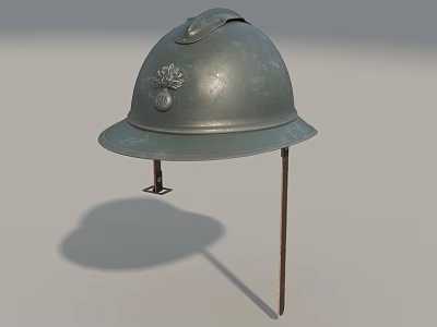 Vintage Military Helmet With Metal Construction And Emblem On Display Stand 3d model