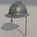 Vintage Military Helmet With Metal Construction And Emblem On Display Stand