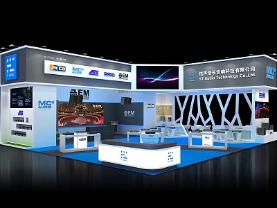 Modern Exhibition Booth Design With Brand Logos Large Screens And Reception Counter 3d model