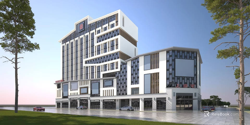 Modern Multi Story Office Building Exterior With Glass Windows Retail Spaces and Parking Area 3d model 