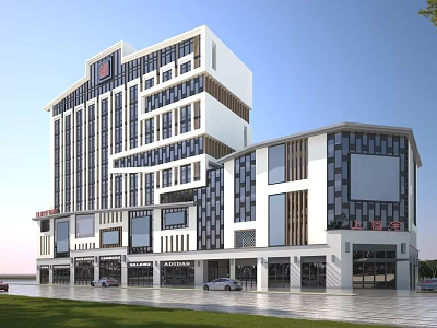 Modern Multi Story Office Building Exterior With Glass Windows Retail Spaces and Parking Area 3d model