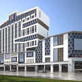 Modern Multi Story Office Building Exterior With Glass Windows Retail Spaces and Parking Area