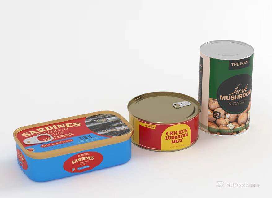 Essential Household Canned Food Supplies Including Sardines Chopped Ham And Mushrooms 3d model 
