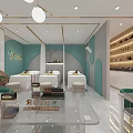 Modern Beauty Hair Salon Interior With Light Blue Walls Counter And Product Shelves