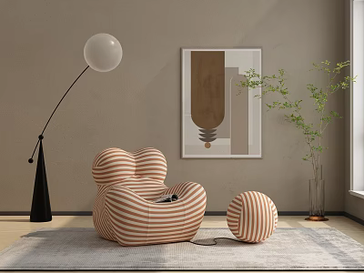 Striped Lazy Sofa With Matching Ottoman Floor Lamp Wall Art And Potted Plant 3d model