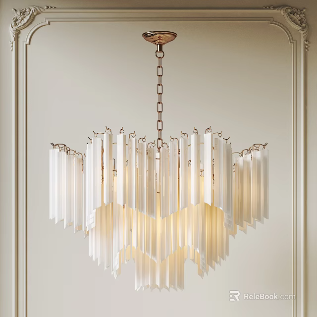 Modern White Chandelier With Vertical Acrylic Strips And Metal Hanging Chain Design 3d model 