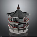Traditional Chinese Pavilion Architecture With Multi Layered Structure Red Railings And Gray Roof