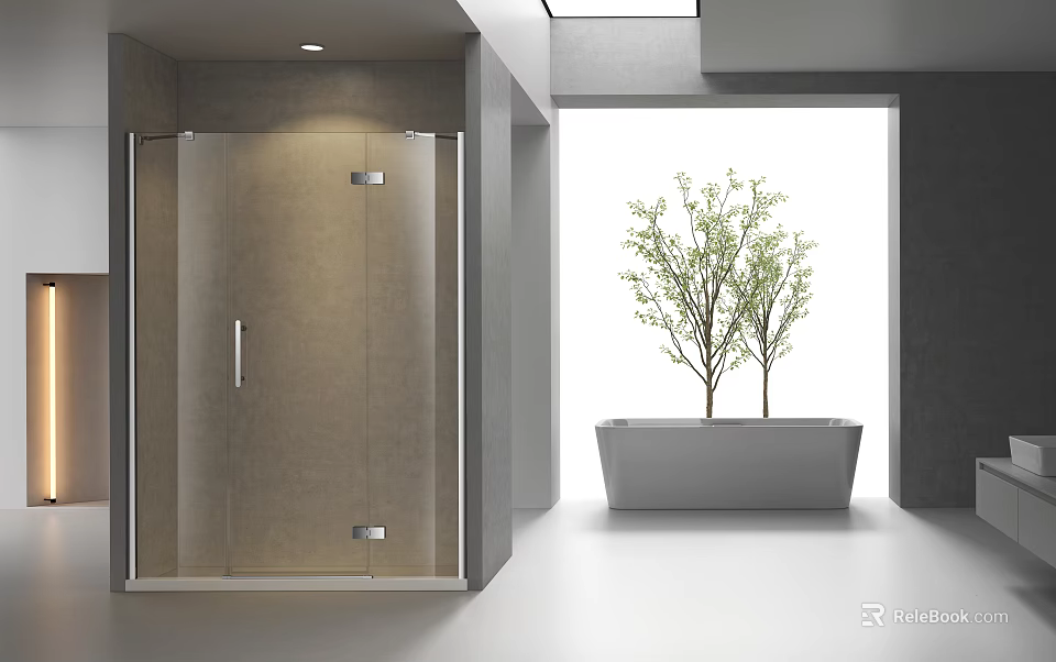 Modern Bathroom Design Featuring Glass Shower Enclosure Bathtub And Potted Plant With Natural Light 3d model 