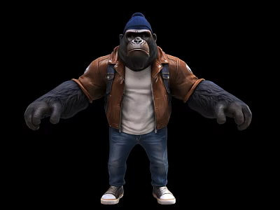 Reptile Character Dressed In Brown Leather Jacket White T Shirt Blue Jeans And Blue Cap With Backpack 3d model