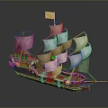 Detailed Sailing Ship Model With Multiple White Sails Wooden Hull And Pirate Flag