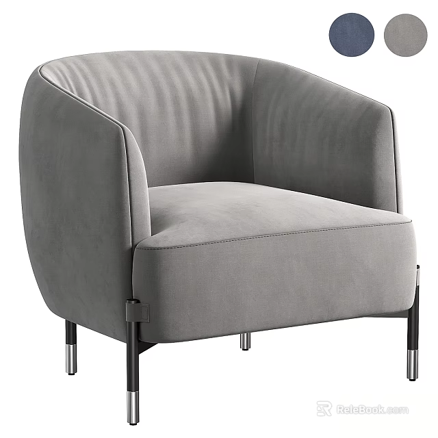 Modern Gray Single Sofa with Curved Armrests Velvet Fabric and Metal Legs 3d model 