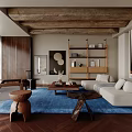 Modern Living Room Interior With Wooden Beams Blue Rug White Sofa Coffee Tables And Fireplace