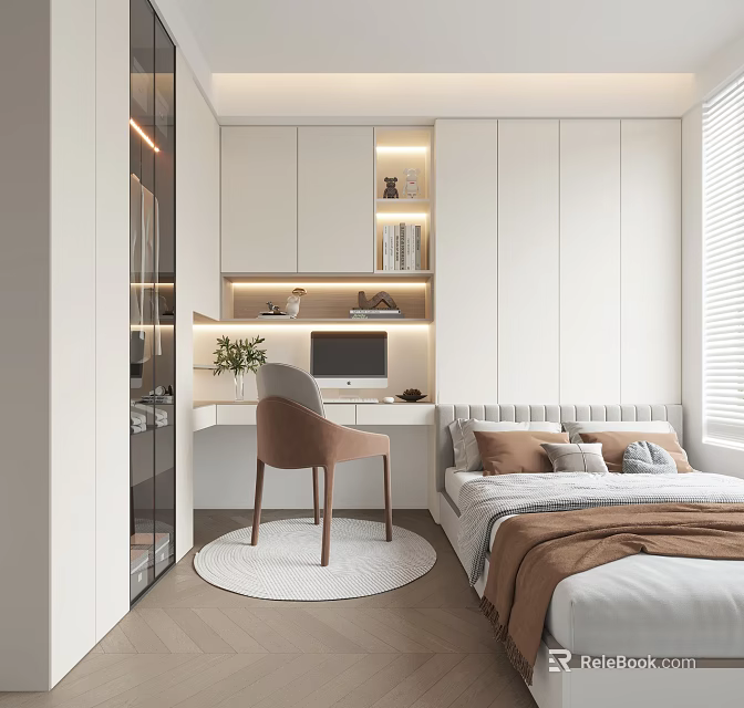 Modern Tatami Bedroom With Cozy Bed Desk Computer Bookshelf Storage Cabinets And Blinds 3d model 