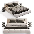 Modern Double Bed With Upholstered Headboard Dark Bedding And Bedside Lamp