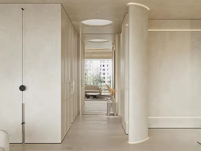 Minimalist Modern Foyer Hallway With Light Toned Walls Circular Lights And Cylindrical Column 3d model