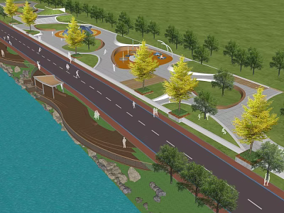Serene Waterfront Landscape Design With Pedestrian Path Green Grass And Trees 3d model