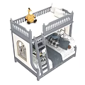 Gray Bunk Bed with Upper Guardrail Ladder Storage Drawers and Cozy Bedding 3d model