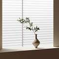 Light Filtering Through Blinds White Vase With Green Leafy Branch On Window Sill 3d model