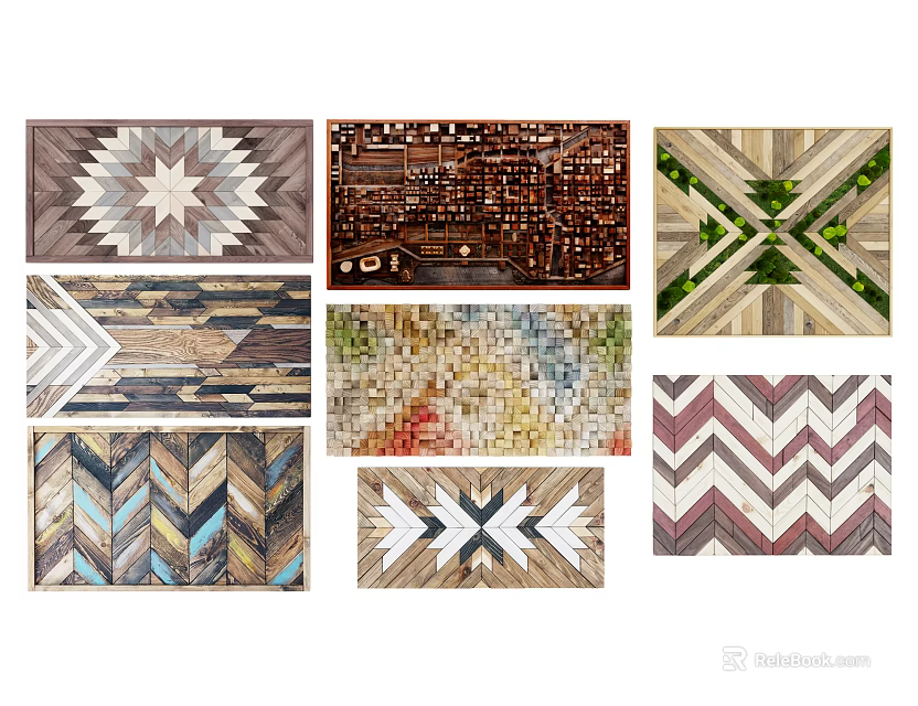 Decorative Wall Design With Wooden Geometric Patterns And Diverse Colorful Patchwork Styles 3d model
