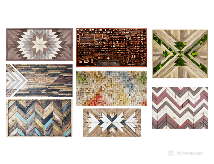 Decorative Wall Design With Wooden Geometric Patterns And Diverse Colorful Patchwork Styles 3d model 