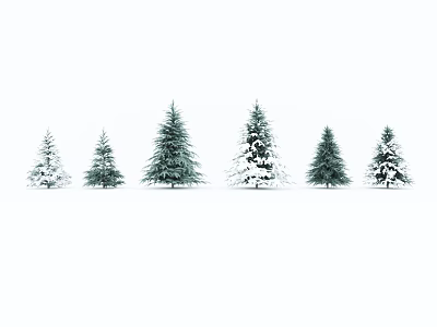 Trees of various sizes with some covered in snow standing on snowy ground 3d model