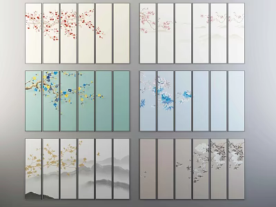 Chinese Decorative Wall Art With Plum Blossoms Mountain Scenes And Multiple Panels 3d model
