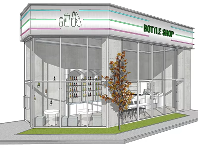 Modern Milk Tea Shop Storefront With Large Glass Windows And Outdoor Tree 3d model