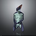 Blue Humanoid Creature With Red Head White Body Markings And Kneeling Posture On Reflective Surface 3d model
