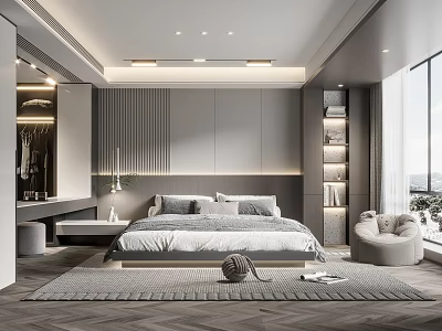 Modern Bedroom Interior With Large Bed Gray Pillows Area Rug And Floor To Ceiling Windows 3d model