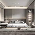 Modern Bedroom Interior With Large Bed Gray Pillows Area Rug And Floor To Ceiling Windows