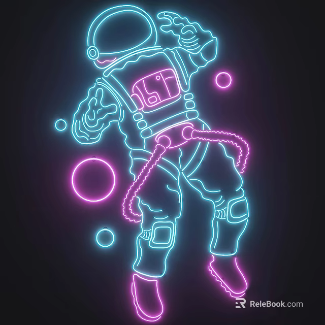 Neon Decorative Lights Featuring Astronaut Figure With Pink Blue Glow Black Background Circular Elements 3d model 