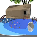 Children's Playground Structure With Slide Climbing Poles Blue Surface And Tree