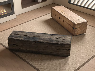 Natural Solid Wood Stools in Rustic Living Room on Jute Carpet 3d model