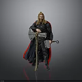 Mythical Warrior Man Wearing Red Cape Holding Hammer Shield And Sword