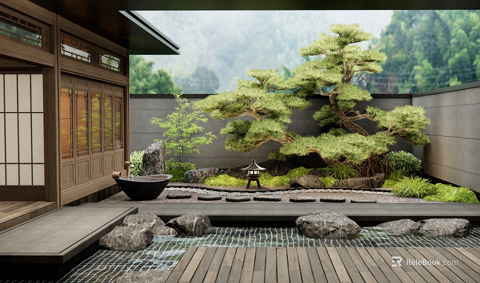 Japanese Style Garden With Wooden Platform Stone Lantern Flowing Water And Pine Tree 3d model 
