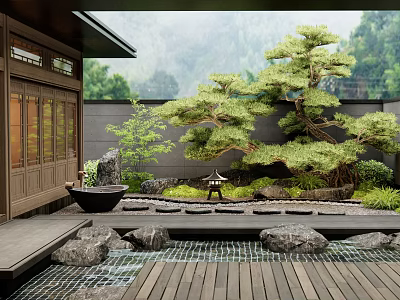Japanese Style Garden With Wooden Platform Stone Lantern Flowing Water And Pine Tree 3d model
