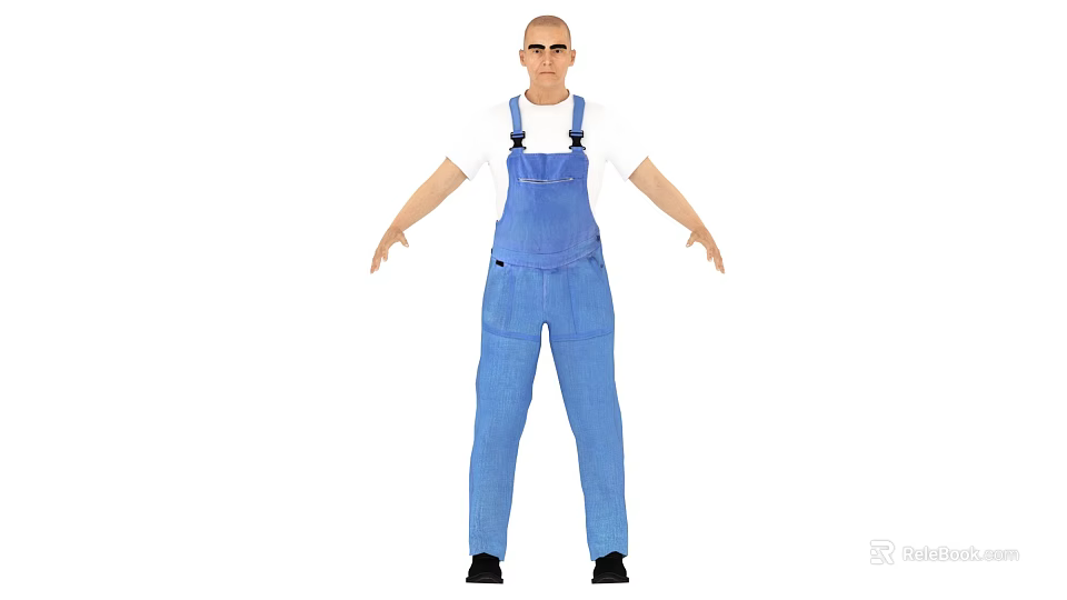 Game And Movie Character Male With Bald Head Blue Overalls White T-shirt Arms Outstretched 3d model 