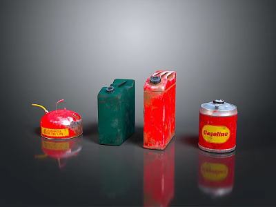 Assorted Colored Storage Equipment Containers Including Gasoline Can And Metal Tins 3d model