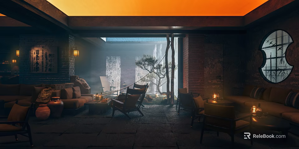 Modern Bar Interior With Orange Ceiling Brick Walls Sofas Chairs Candles And Small Tree 3d model