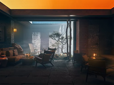 Modern Bar Interior With Orange Ceiling Brick Walls Sofas Chairs Candles And Small Tree 3d model