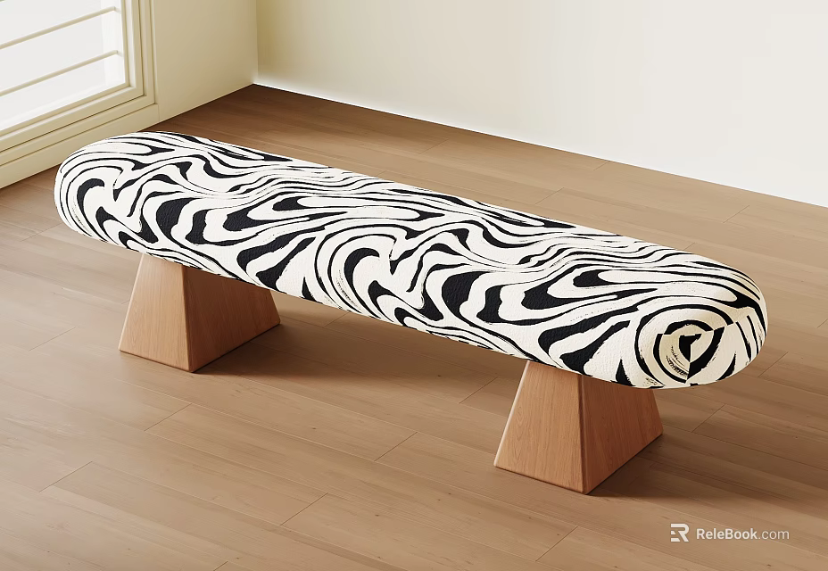 Zebra Pattern Cushioned Bench With Wooden Triangular Legs For Indoor Home Decor 3d model 